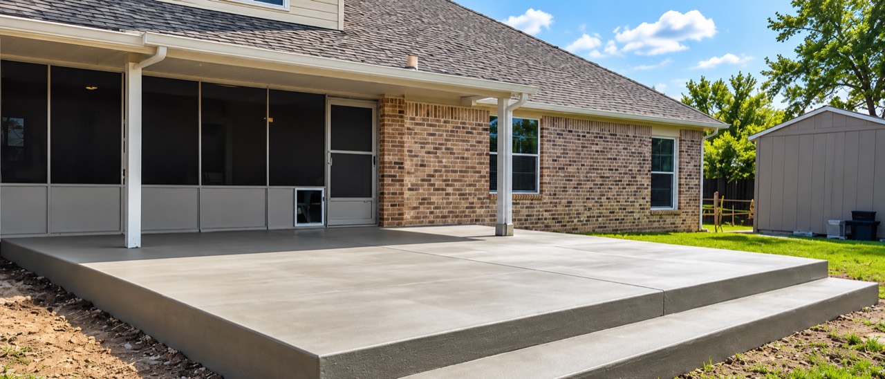 Concrete patio beside a screened porch