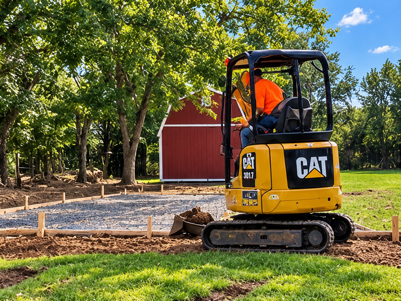 CAT mini excavator working beside a prepared gravel base