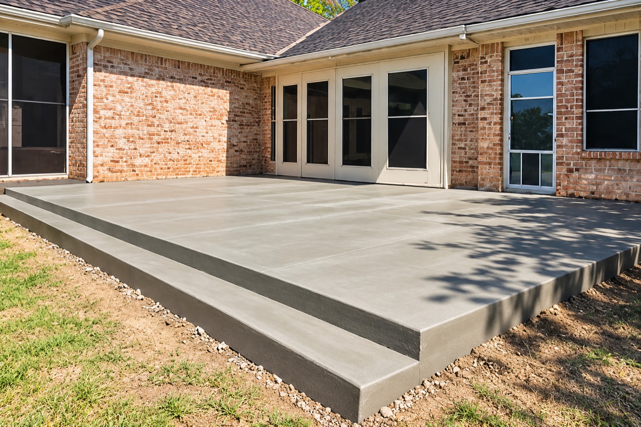 Newly finished concrete patio at a brick home