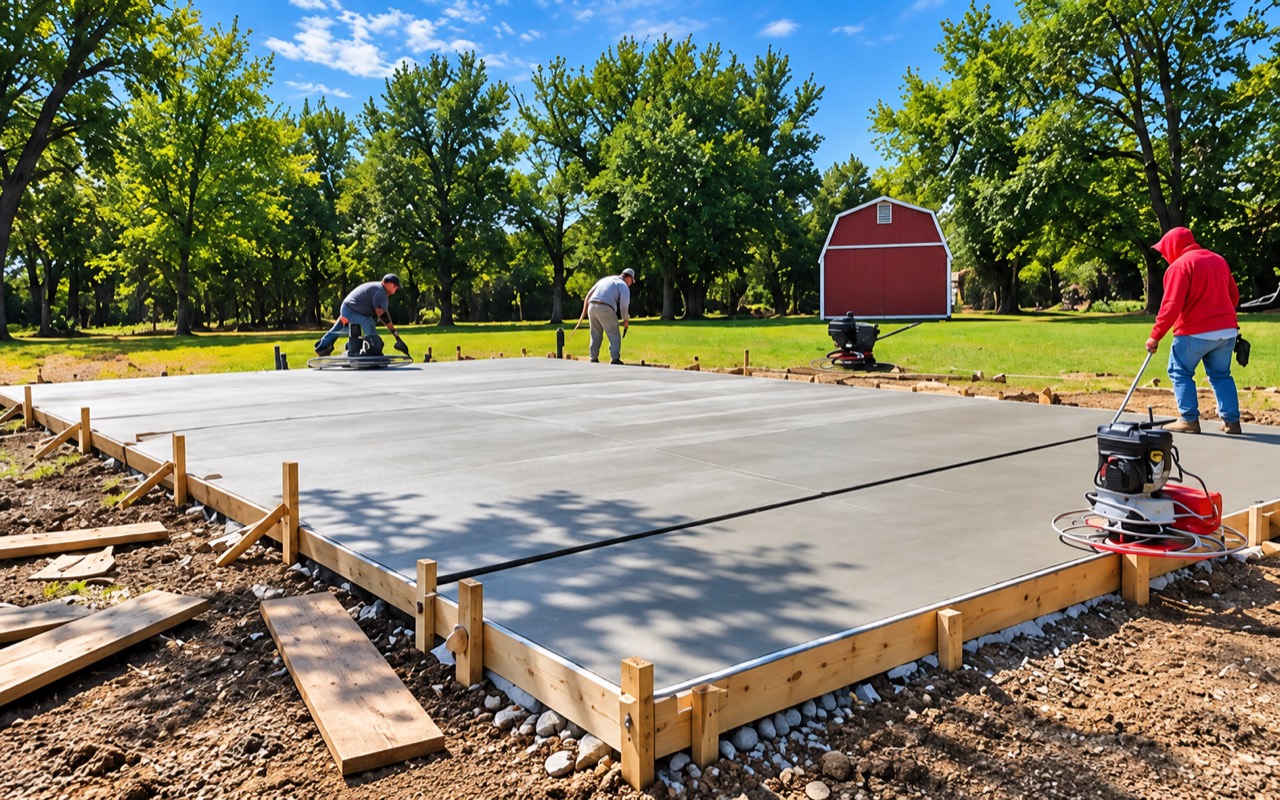 Workers finishing a large concrete slab