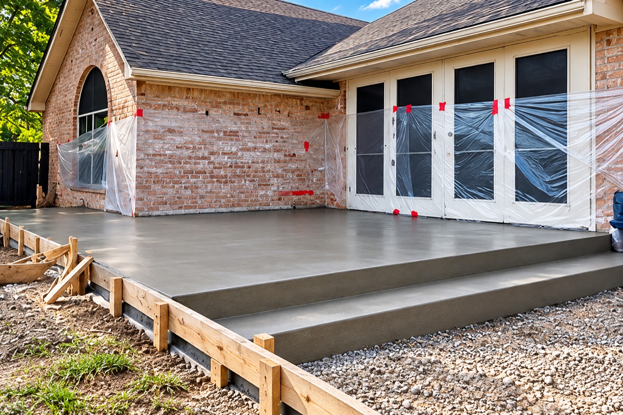 Fresh concrete patio with new steps at a brick home
